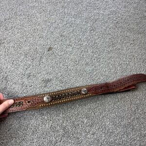 vtg Western Leather Belt braided horsehair inlay cross Brown Conchos Studded 38